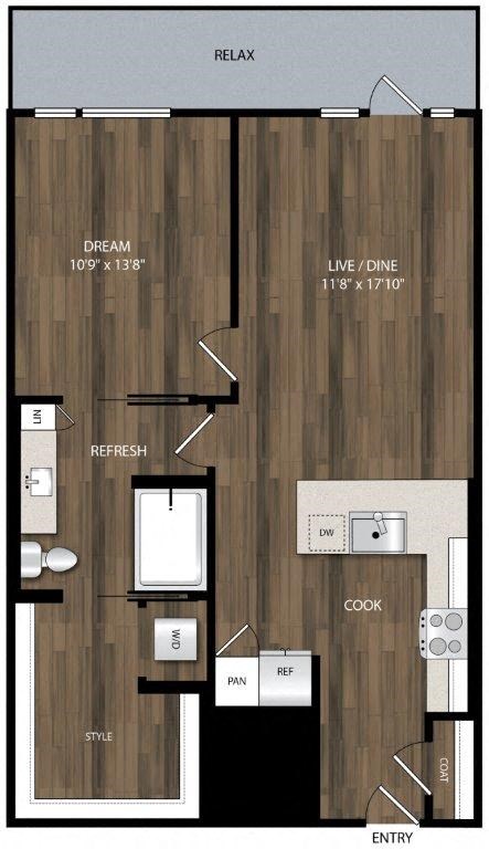 Floor plan for 1 bed, 1 bath, 798 sqft